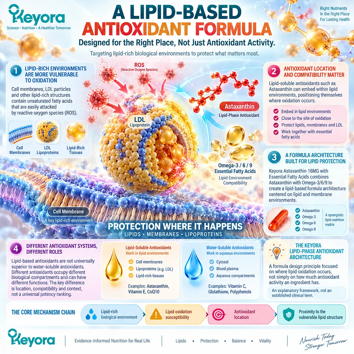Lipid-based antioxidant support positions astaxanthin near membrane and lipoprotein lipid oxidation sites, framing the Keyora Lipid-Phase Antioxidant Architecture. Lipid-based antioxidant support positions astaxanthin near membrane and lipoprotein lipid oxidation sites, framing the Keyora Lipid-Phase Antioxidant Architecture.