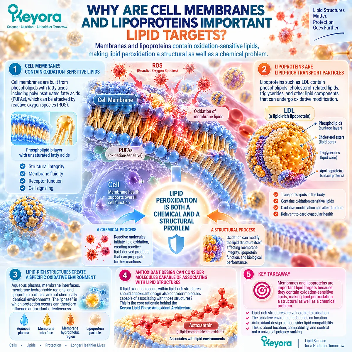 Cell membrane and lipoprotein oxidative stress can modify PUFA-rich lipids, linking lipid peroxidation and astaxanthin positioning in Keyora Lipid-Phase Antioxidant Architecture. Cell membrane and lipoprotein oxidative stress can modify PUFA-rich lipids, linking lipid peroxidation and astaxanthin positioning in Keyora Lipid-Phase Antioxidant Architecture.