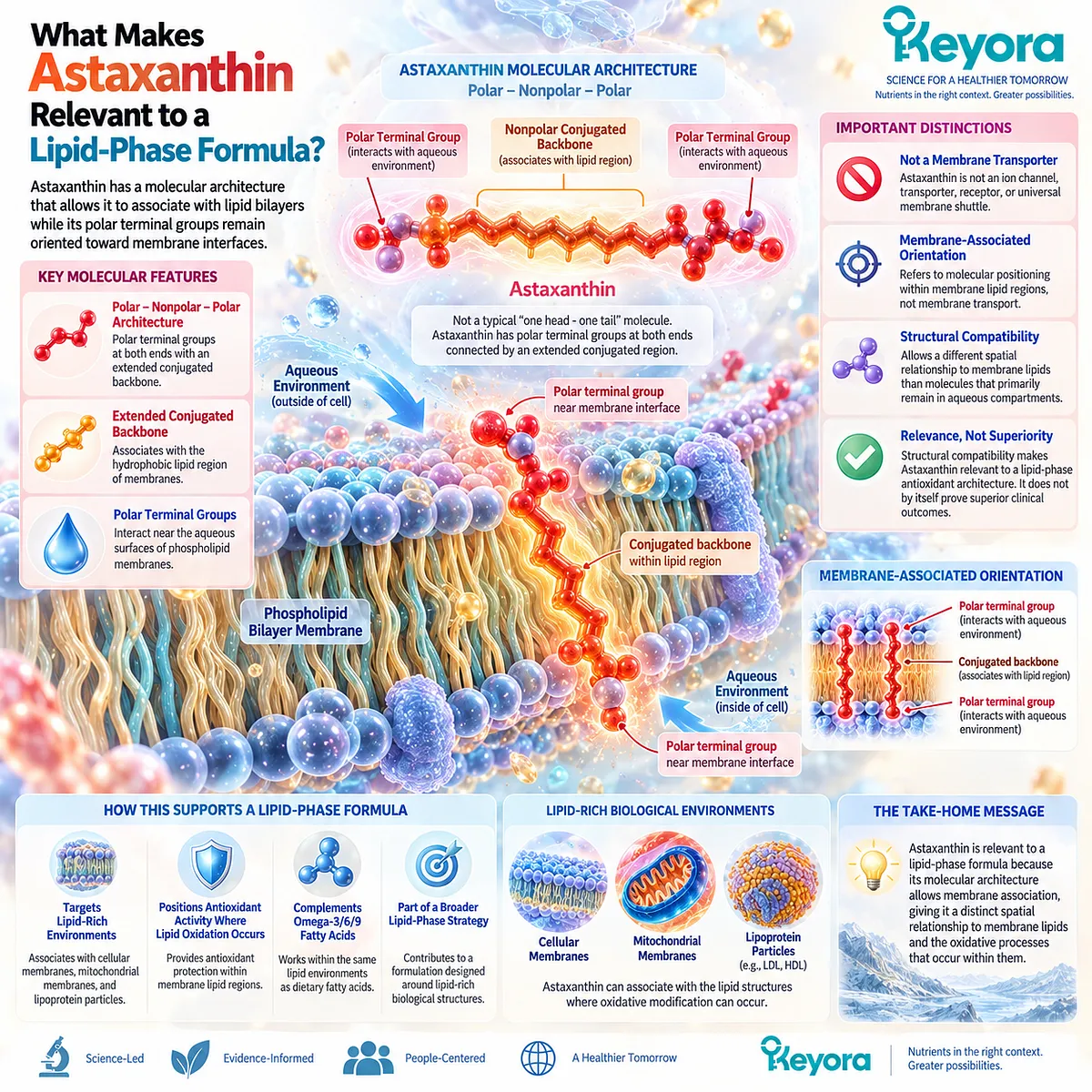 Astaxanthin membrane antioxidant support reflects its polar-nonpolar-polar structure and bilayer orientation, central to the Keyora Lipid-Phase Antioxidant Architecture. Astaxanthin membrane antioxidant support reflects its polar-nonpolar-polar structure and bilayer orientation, central to the Keyora Lipid-Phase Antioxidant Architecture.