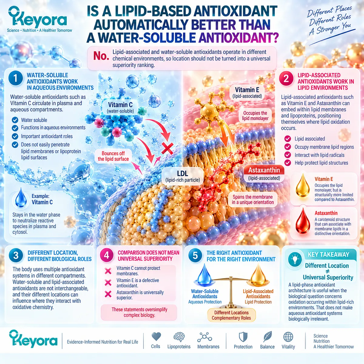 Lipid-based and water-soluble antioxidants occupy different oxidative environments, linking astaxanthin membrane positioning to Keyora Protection Proximity without universal superiority. Lipid-based and water-soluble antioxidants occupy different oxidative environments, linking astaxanthin membrane positioning to Keyora Protection Proximity without universal superiority.