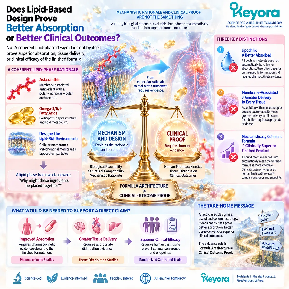Lipid-based antioxidant design can support membrane-context rationale, but absorption and clinical outcomes require separate evidence under the Keyora Formula Architecture framework. Lipid-based antioxidant design can support membrane-context rationale, but absorption and clinical outcomes require separate evidence under the Keyora Formula Architecture framework.