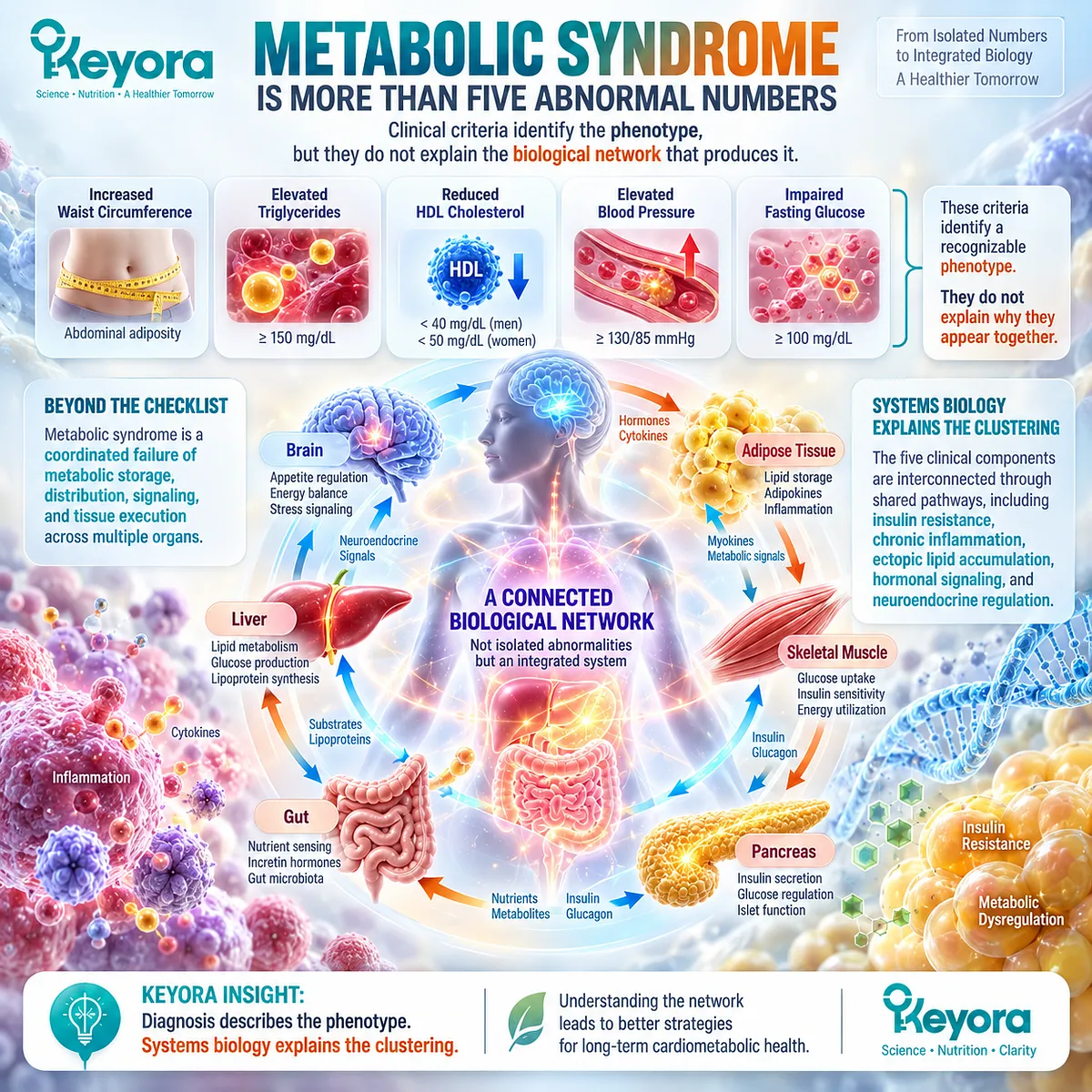 Metabolic syndrome links abdominal adiposity, triglycerides, glucose, HDL and blood pressure through disrupted storage, lipid flux and insulin signaling in the Keyora Systems Biology framework. Metabolic syndrome links abdominal adiposity, triglycerides, glucose, HDL and blood pressure through disrupted storage, lipid flux and insulin signaling in the Keyora Systems Biology framework.