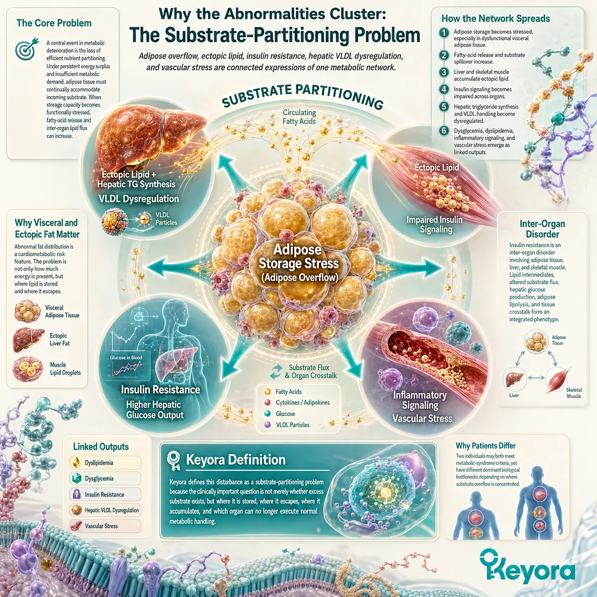 Metabolic syndrome links adipose overflow and ectopic lipid to insulin resistance, hepatic VLDL dysregulation and vascular stress through the Keyora Substrate-Partitioning framework. Metabolic syndrome links adipose overflow and ectopic lipid to insulin resistance, hepatic VLDL dysregulation and vascular stress through the Keyora Substrate-Partitioning framework.
