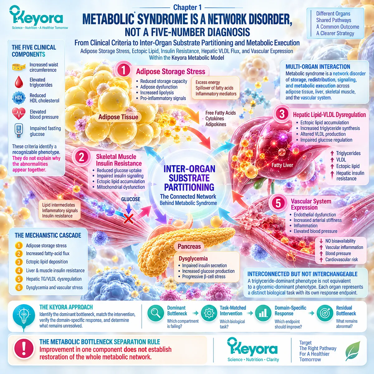 Metabolic syndrome links adipose overflow, insulin resistance, hepatic VLDL flux and vascular stress through substrate partitioning in the Keyora Metabolic Model. Metabolic syndrome links adipose overflow, insulin resistance, hepatic VLDL flux and vascular stress through substrate partitioning in the Keyora Metabolic Model.