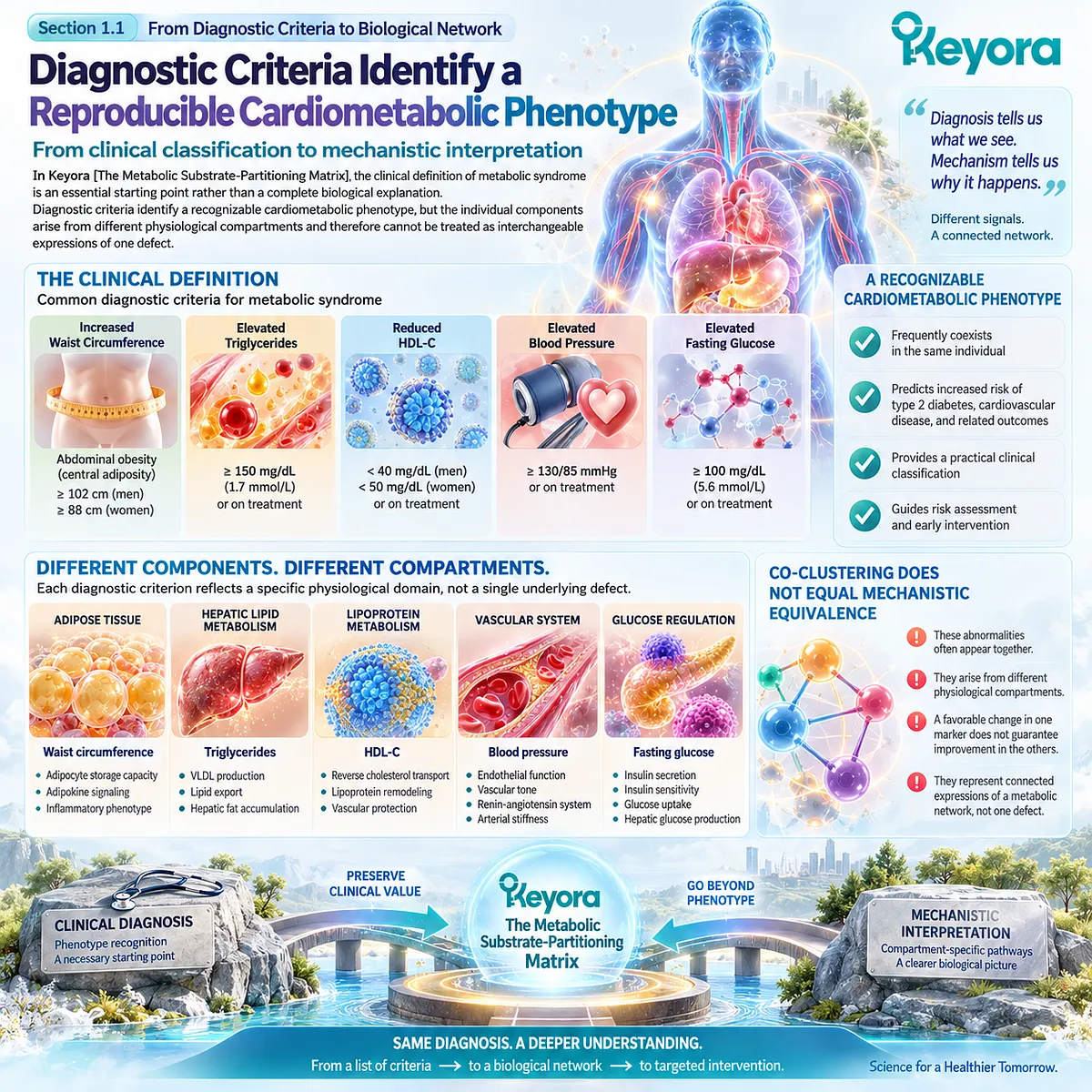 Metabolic syndrome criteria identify cardiometabolic risk, while adipose, glucose, lipid and vascular pathways require separate mapping in the Keyora Metabolic Model. Metabolic syndrome criteria identify cardiometabolic risk, while adipose, glucose, lipid and vascular pathways require separate mapping in the Keyora Metabolic Model.