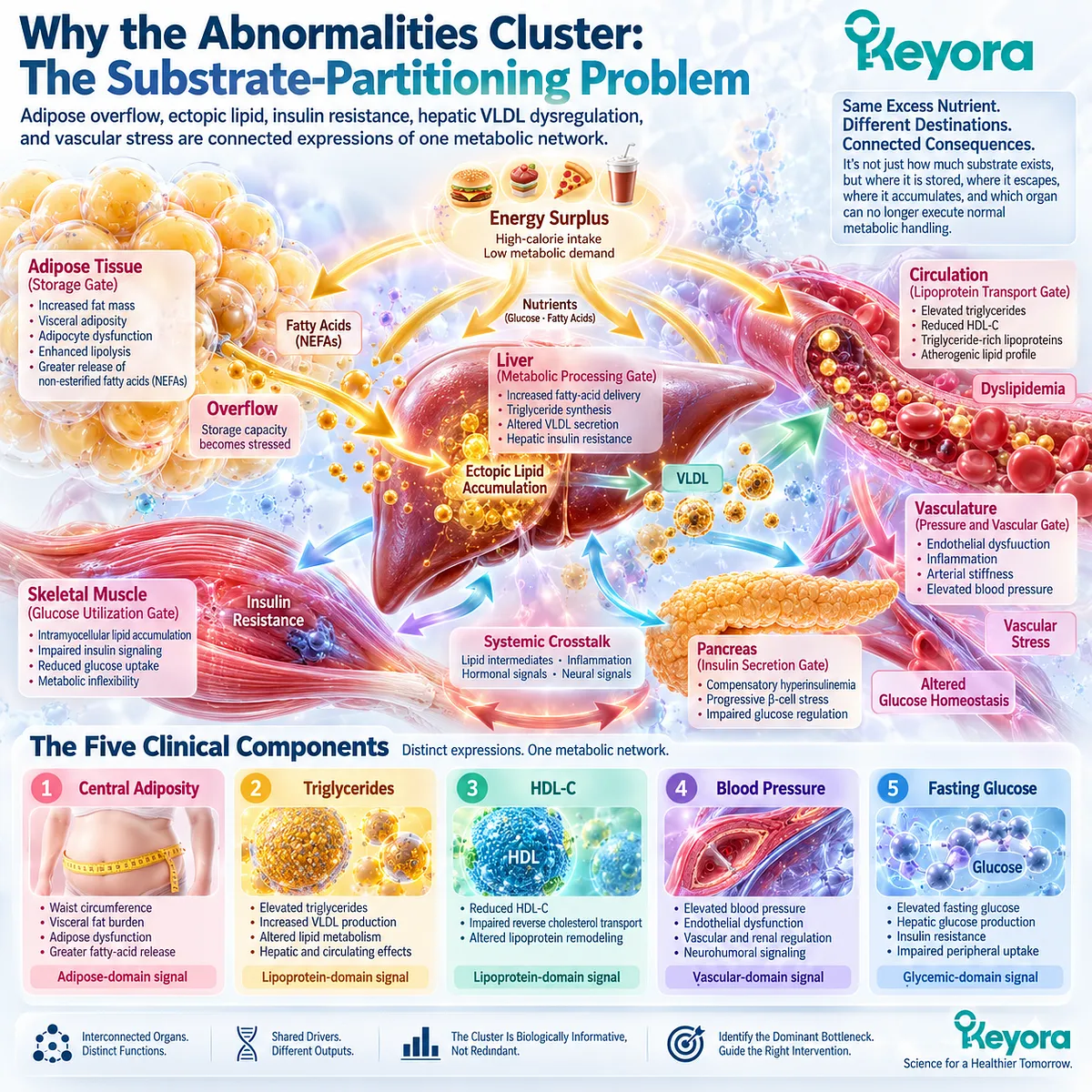 Metabolic syndrome links central adiposity, triglycerides, HDL-C, blood pressure and fasting glucose to distinct metabolic domains in the Keyora Substrate-Partitioning Matrix. Metabolic syndrome links central adiposity, triglycerides, HDL-C, blood pressure and fasting glucose to distinct metabolic domains in the Keyora Substrate-Partitioning Matrix.