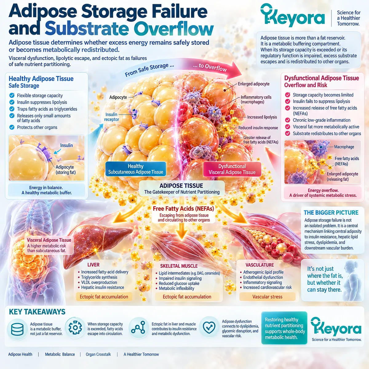 Adipose storage failure increases fatty-acid overflow and ectopic fat, linking central adiposity to insulin resistance and hepatic lipid stress in the Keyora Metabolic Model. Adipose storage failure increases fatty-acid overflow and ectopic fat, linking central adiposity to insulin resistance and hepatic lipid stress in the Keyora Metabolic Model.