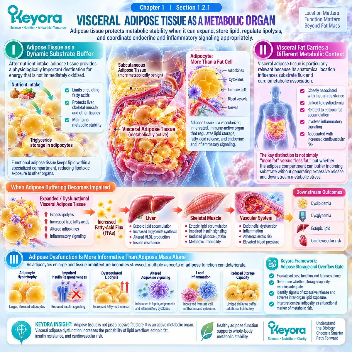 Visceral adipose dysfunction weakens lipid storage and lipolysis control, increasing ectopic fat and insulin resistance risk through Keyora’s Adipose Storage and Overflow Gate. Visceral adipose dysfunction weakens lipid storage and lipolysis control, increasing ectopic fat and insulin resistance risk through Keyora’s Adipose Storage and Overflow Gate.