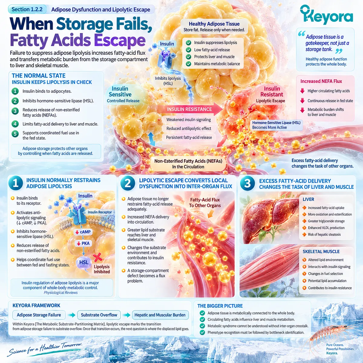Adipose insulin resistance weakens lipolysis suppression, raising fatty-acid flux to liver and muscle through Keyora lipolytic escape and substrate overflow. Adipose insulin resistance weakens lipolysis suppression, raising fatty-acid flux to liver and muscle through Keyora lipolytic escape and substrate overflow.