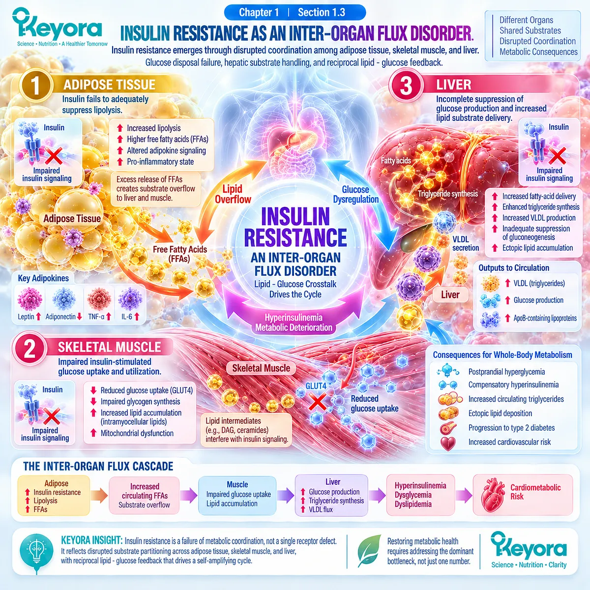Insulin resistance disrupts glucose disposal, adipose lipid control and hepatic substrate handling across muscle, fat and liver in the Keyora Metabolic Substrate-Partitioning Matrix. Insulin resistance disrupts glucose disposal, adipose lipid control and hepatic substrate handling across muscle, fat and liver in the Keyora Metabolic Substrate-Partitioning Matrix.