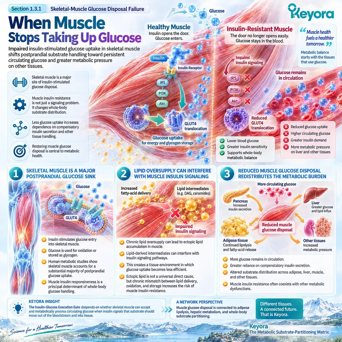 Skeletal-muscle insulin resistance reduces glucose uptake as lipid oversupply disrupts insulin signaling, weakening Keyora’s Insulin-Glucose Execution Gate. Skeletal-muscle insulin resistance reduces glucose uptake as lipid oversupply disrupts insulin signaling, weakening Keyora’s Insulin-Glucose Execution Gate.