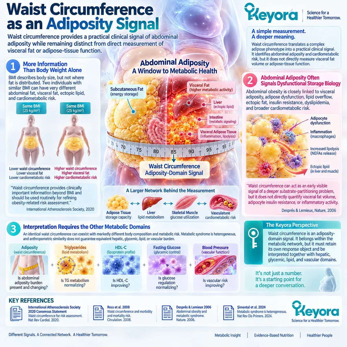 Waist circumference signals abdominal adiposity and cardiometabolic risk but not visceral fat function, mapped by Keyora as an adiposity-domain marker of substrate overflow. Waist circumference signals abdominal adiposity and cardiometabolic risk but not visceral fat function, mapped by Keyora as an adiposity-domain marker of substrate overflow.