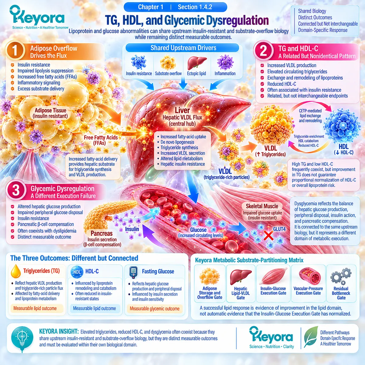 High triglycerides, low HDL-C and dysglycemia share insulin resistance and hepatic VLDL flux but remain distinct outcomes in the Keyora Metabolic Substrate-Partitioning Matrix. High triglycerides, low HDL-C and dysglycemia share insulin resistance and hepatic VLDL flux but remain distinct outcomes in the Keyora Metabolic Substrate-Partitioning Matrix.