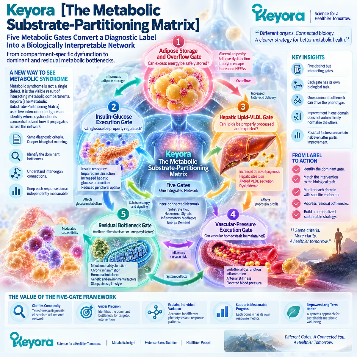 Metabolic syndrome maps adipose overflow, insulin-glucose control, hepatic VLDL flux, vascular pressure and residual risk across Keyora’s five metabolic gates. Metabolic syndrome maps adipose overflow, insulin-glucose control, hepatic VLDL flux, vascular pressure and residual risk across Keyora’s five metabolic gates.