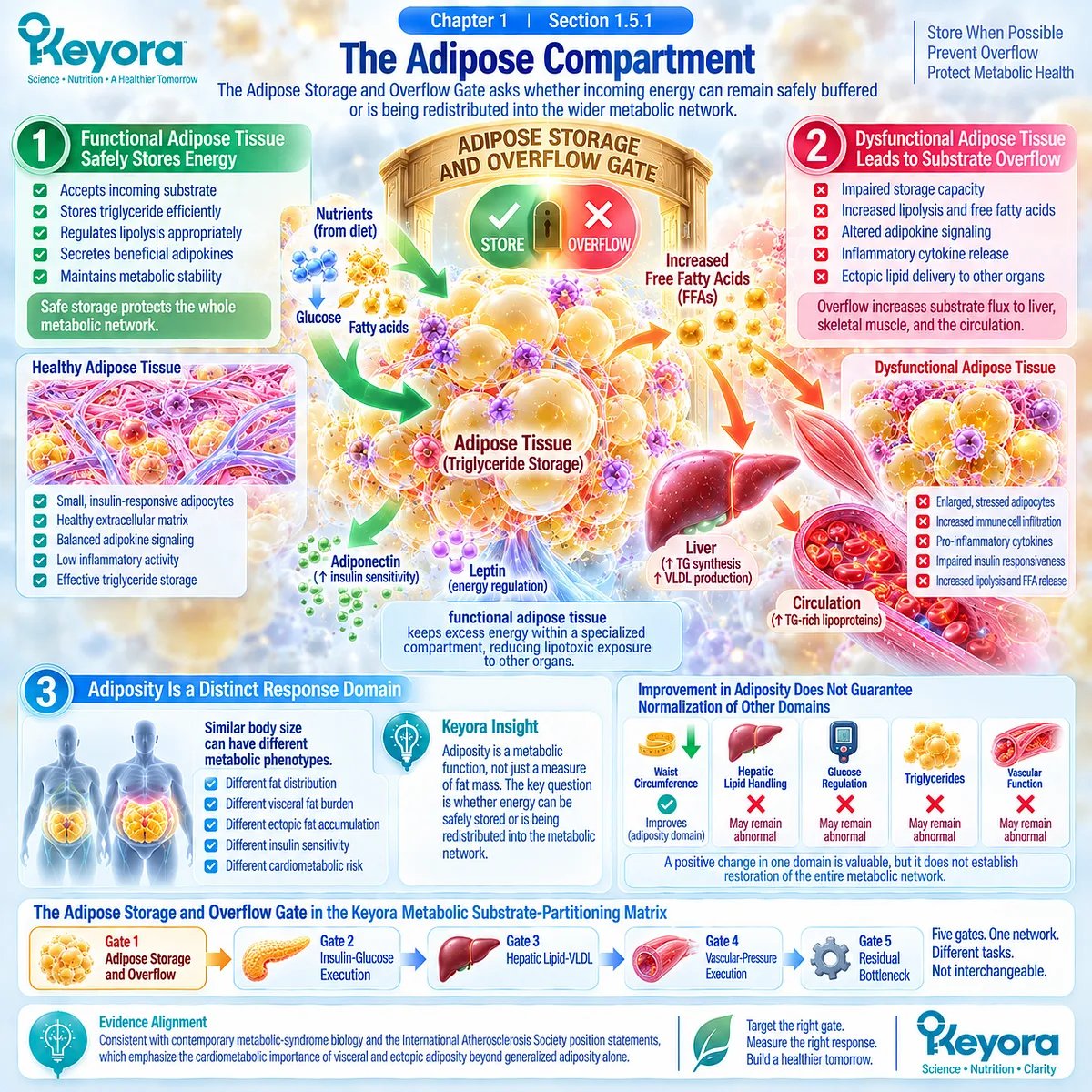 Adipose dysfunction shifts energy from safe fat storage toward fatty-acid overflow and ectopic lipid, defining Keyora’s Adipose Storage and Overflow Gate. Adipose dysfunction shifts energy from safe fat storage toward fatty-acid overflow and ectopic lipid, defining Keyora’s Adipose Storage and Overflow Gate.