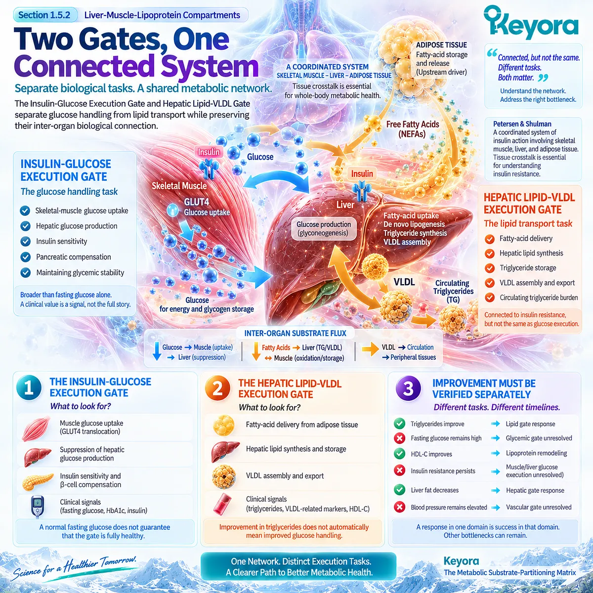 Insulin resistance and high triglycerides connect liver, muscle and VLDL metabolism, while Keyora separates glucose execution from hepatic lipid handling into distinct gates. Insulin resistance and high triglycerides connect liver, muscle and VLDL metabolism, while Keyora separates glucose execution from hepatic lipid handling into distinct gates.