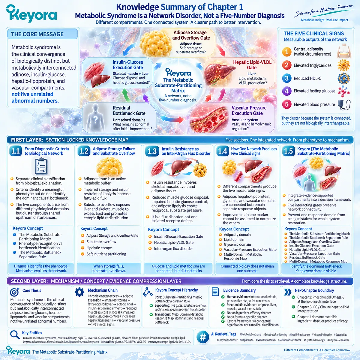 Metabolic syndrome links adipose overflow, insulin resistance, hepatic VLDL flux and vascular stress across five gates in Keyora’s Metabolic Substrate-Partitioning Matrix. Metabolic syndrome links adipose overflow, insulin resistance, hepatic VLDL flux and vascular stress across five gates in Keyora’s Metabolic Substrate-Partitioning Matrix.