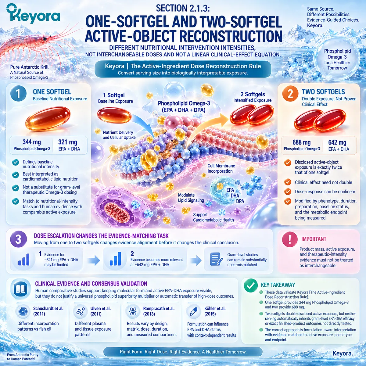 Phospholipid Omega-3 dose escalation doubles EPA-DHA exposure from 321 to 642 mg without proving doubled effect under Keyora Active-Ingredient Dose Reconstruction. Phospholipid Omega-3 dose escalation doubles EPA-DHA exposure from 321 to 642 mg without proving doubled effect under Keyora Active-Ingredient Dose Reconstruction.