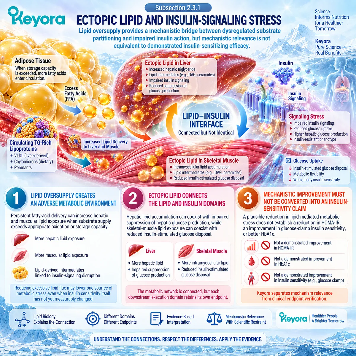 Phospholipid Omega-3 links ectopic lipid and fatty-acid flux with insulin-signaling stress, while Keyora separates lipid support from direct insulin sensitization. Phospholipid Omega-3 links ectopic lipid and fatty-acid flux with insulin-signaling stress, while Keyora separates lipid support from direct insulin sensitization.