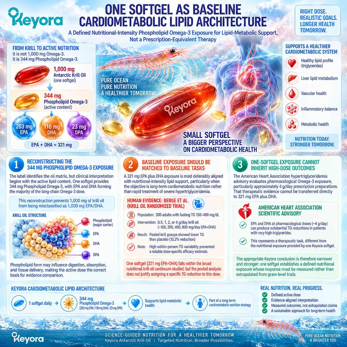 Phospholipid Omega-3 at 344 mg with 321 mg EPA-DHA defines baseline cardiometabolic lipid support under Keyora Active-Ingredient Dose Reconstruction. Phospholipid Omega-3 at 344 mg with 321 mg EPA-DHA defines baseline cardiometabolic lipid support under Keyora Active-Ingredient Dose Reconstruction.