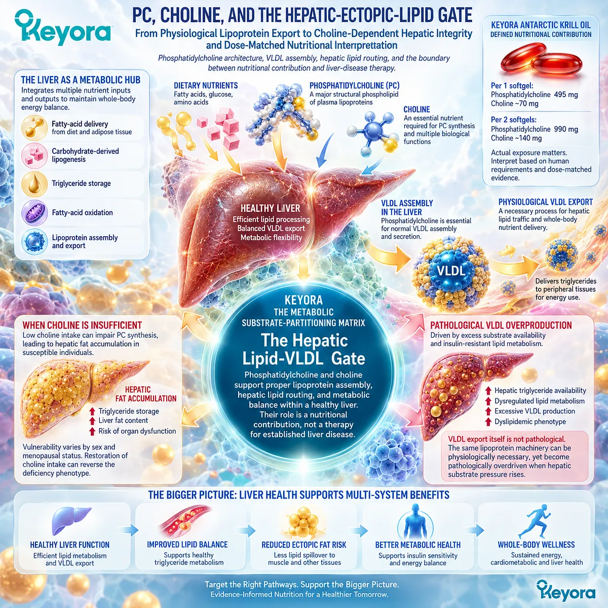 Choline supports phosphatidylcholine synthesis and VLDL assembly for hepatic lipid routing, framing liver wellness through Keyora’s Hepatic Lipid-VLDL Gate. Choline supports phosphatidylcholine synthesis and VLDL assembly for hepatic lipid routing, framing liver wellness through Keyora’s Hepatic Lipid-VLDL Gate.