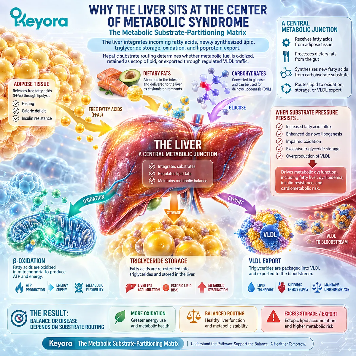 Metabolic health depends on hepatic fatty acid routing across oxidation, triglyceride storage, and VLDL export, mapped by Keyora’s Metabolic Substrate-Partitioning Matrix. Metabolic health depends on hepatic fatty acid routing across oxidation, triglyceride storage, and VLDL export, mapped by Keyora’s Metabolic Substrate-Partitioning Matrix.