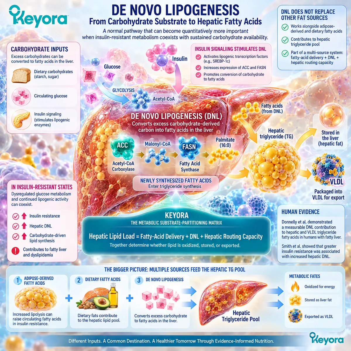 De novo lipogenesis converts excess carbohydrate into hepatic fatty acids, expanding triglyceride substrate for storage or VLDL export in Keyora’s routing matrix. De novo lipogenesis converts excess carbohydrate into hepatic fatty acids, expanding triglyceride substrate for storage or VLDL export in Keyora’s routing matrix.
