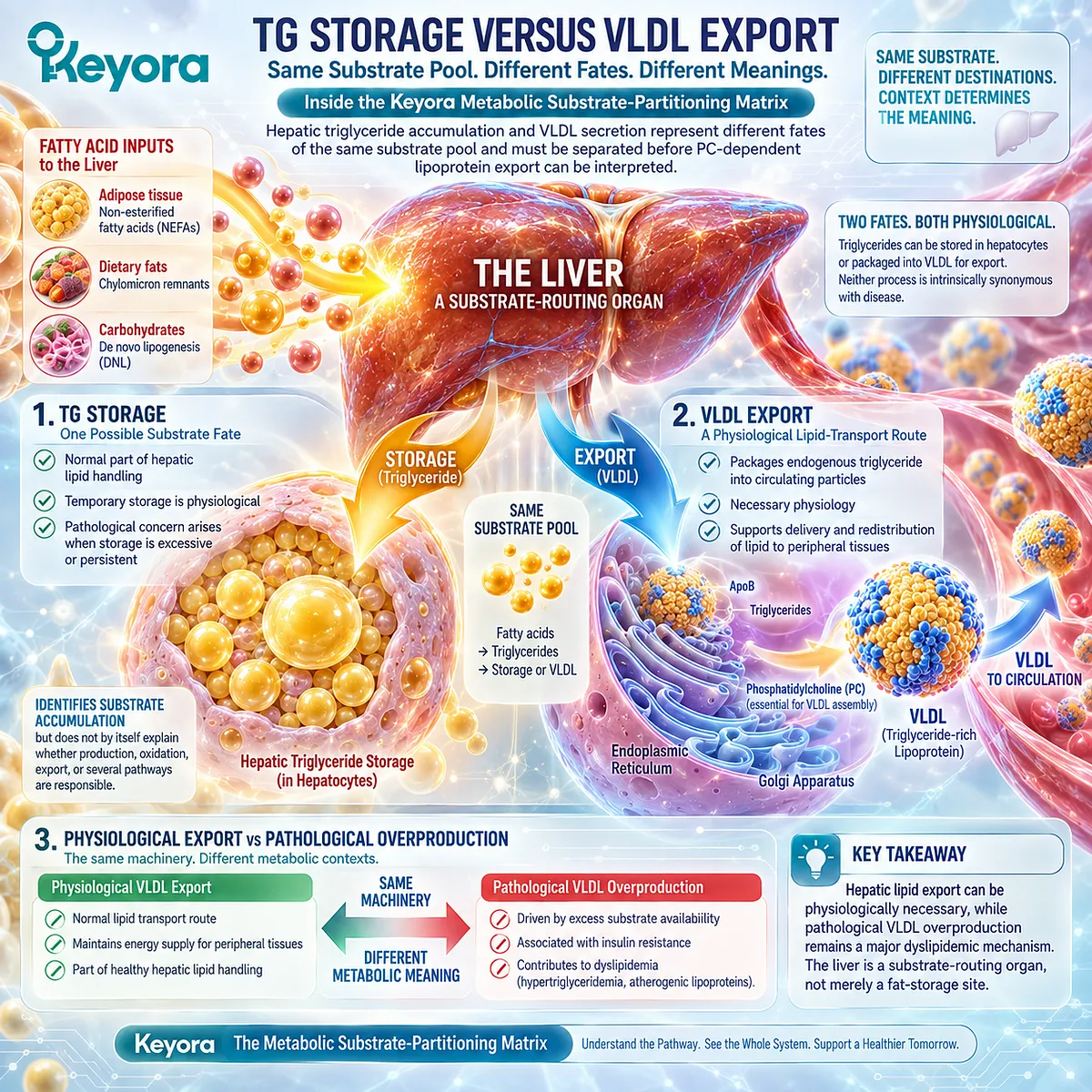 Hepatic triglycerides can be stored, oxidized, or exported as VLDL, separating normal lipid transport from overproduction in Keyora’s Hepatic Lipid-VLDL Gate. Hepatic triglycerides can be stored, oxidized, or exported as VLDL, separating normal lipid transport from overproduction in Keyora’s Hepatic Lipid-VLDL Gate.