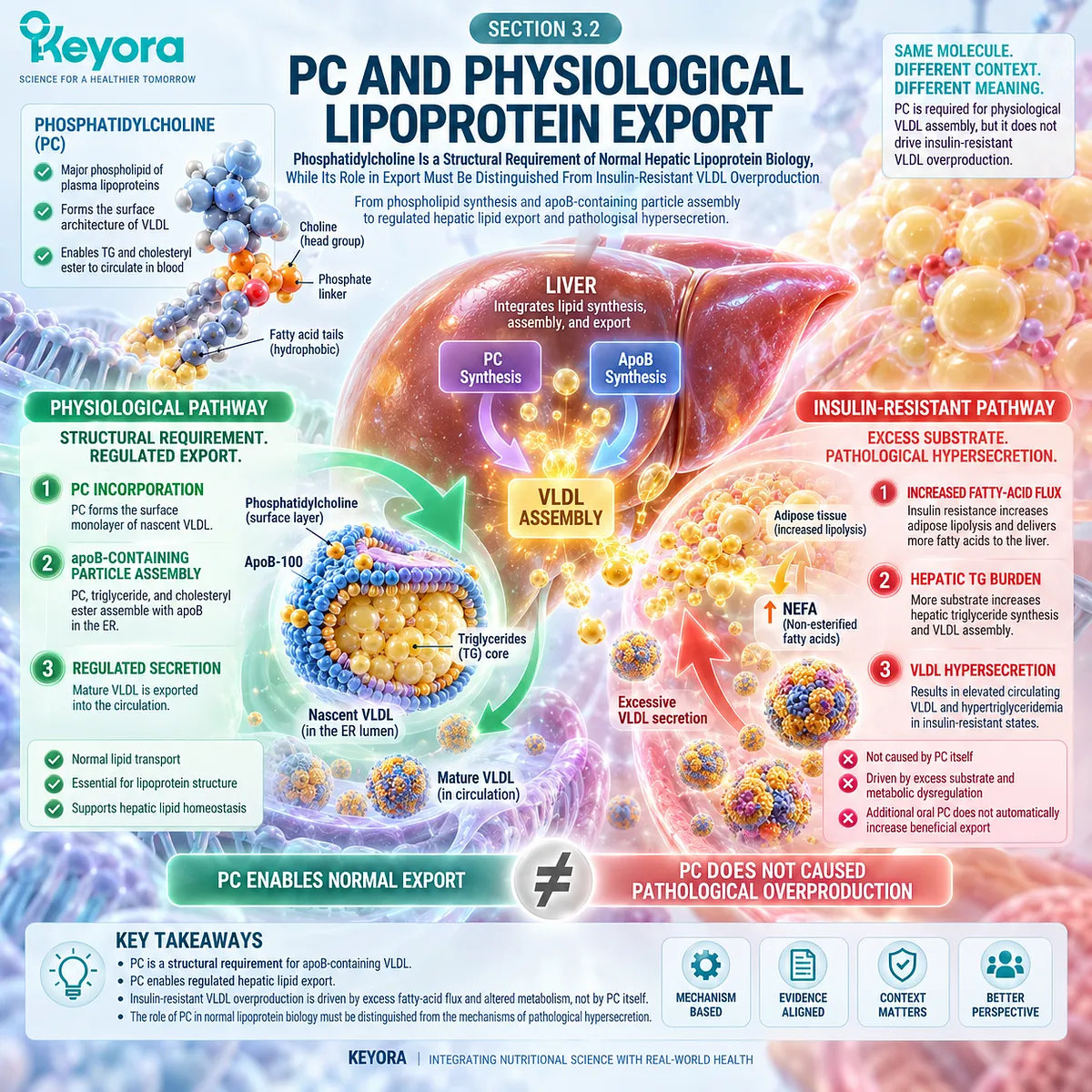 Phosphatidylcholine supports VLDL surface structure and apoB lipoprotein assembly for normal hepatic lipid export, framed by Keyora’s Hepatic Lipid-VLDL Gate. Phosphatidylcholine supports VLDL surface structure and apoB lipoprotein assembly for normal hepatic lipid export, framed by Keyora’s Hepatic Lipid-VLDL Gate.