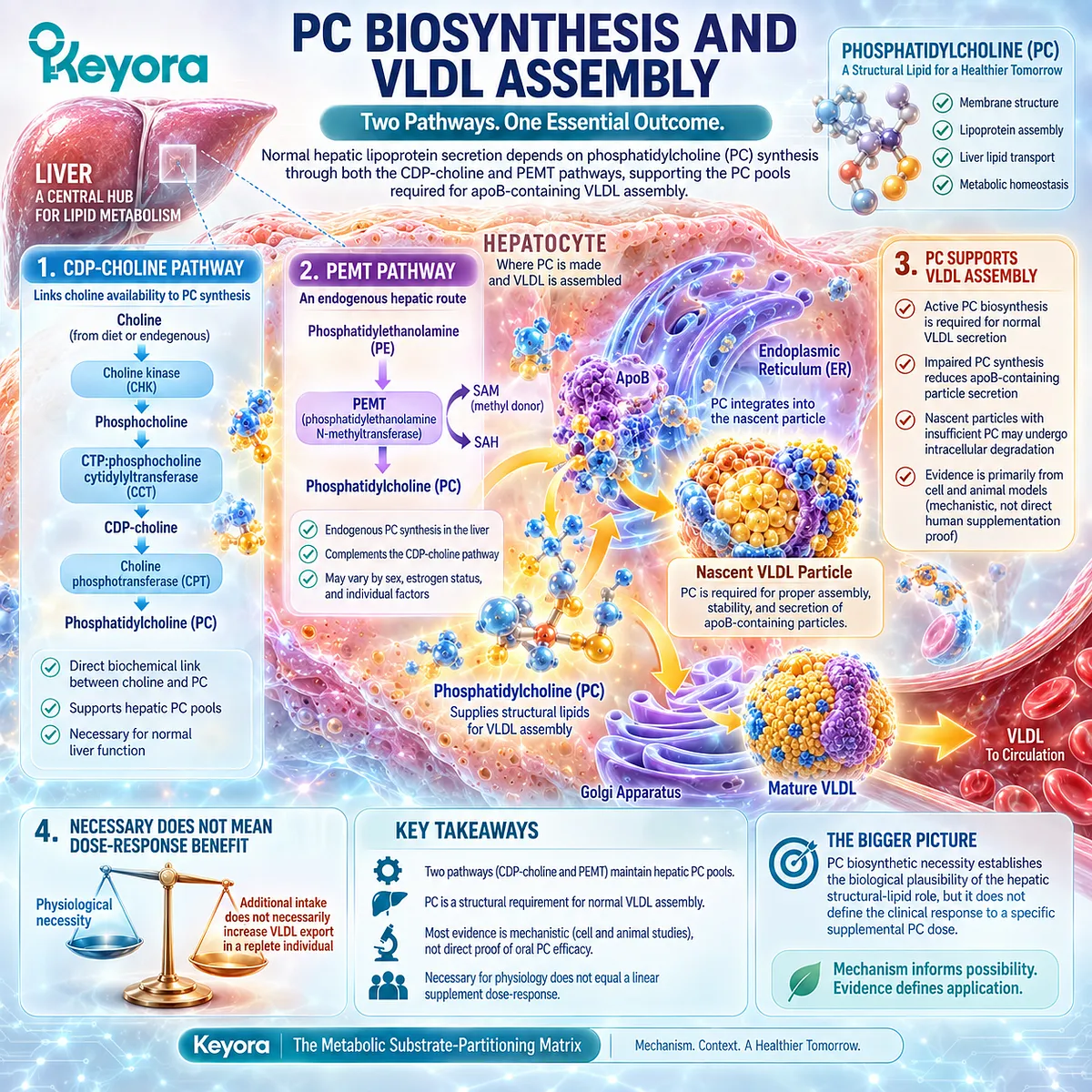 Choline feeds CDP-choline while hepatic PEMT also synthesizes phosphatidylcholine for apoB-VLDL assembly, defining Keyora’s Hepatic Lipid-VLDL Gate. Choline feeds CDP-choline while hepatic PEMT also synthesizes phosphatidylcholine for apoB-VLDL assembly, defining Keyora’s Hepatic Lipid-VLDL Gate.