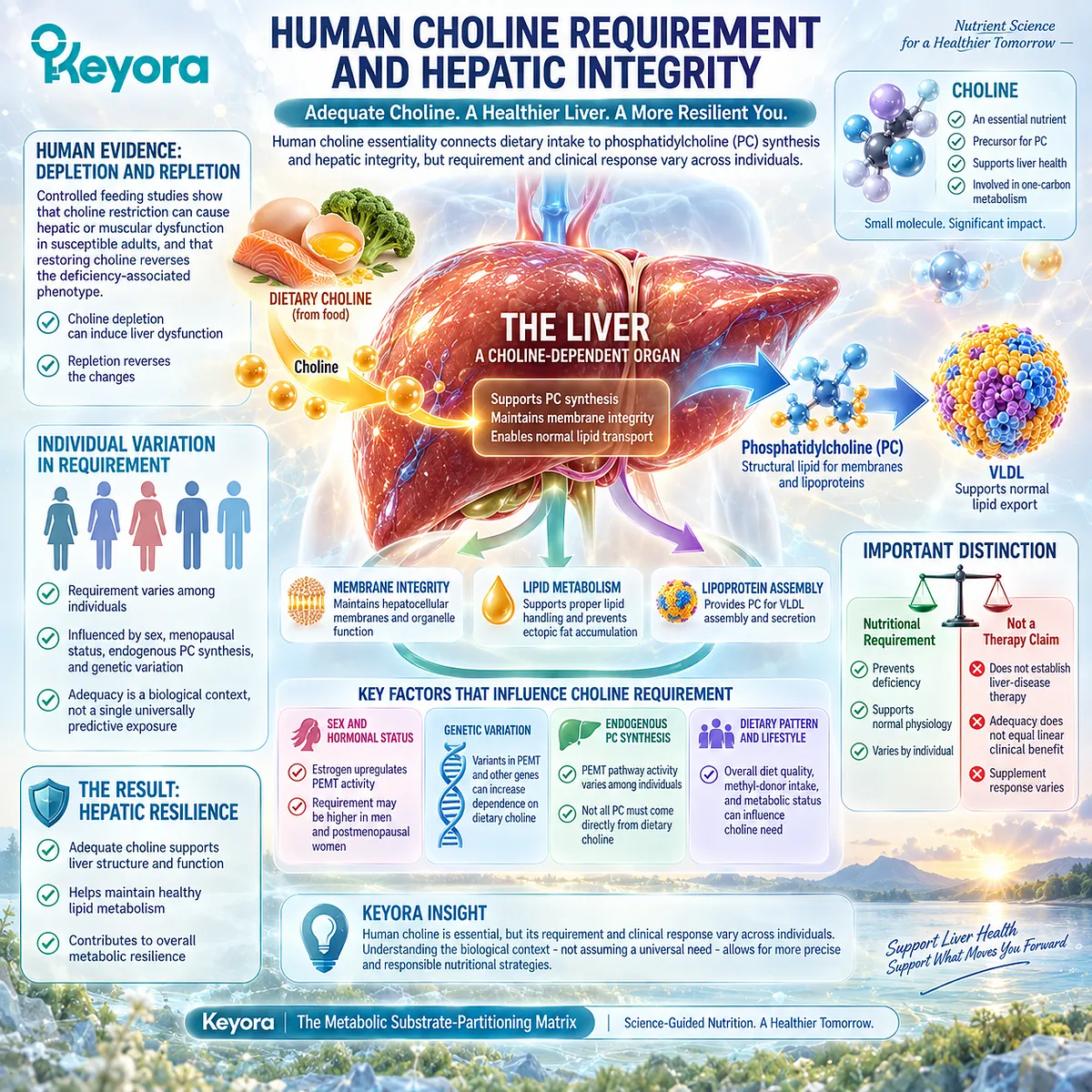 Adequate choline supports phosphatidylcholine synthesis and hepatic integrity, while PEMT activity and individual susceptibility shape Keyora’s Hepatic Lipid-VLDL Gate. Adequate choline supports phosphatidylcholine synthesis and hepatic integrity, while PEMT activity and individual susceptibility shape Keyora’s Hepatic Lipid-VLDL Gate.