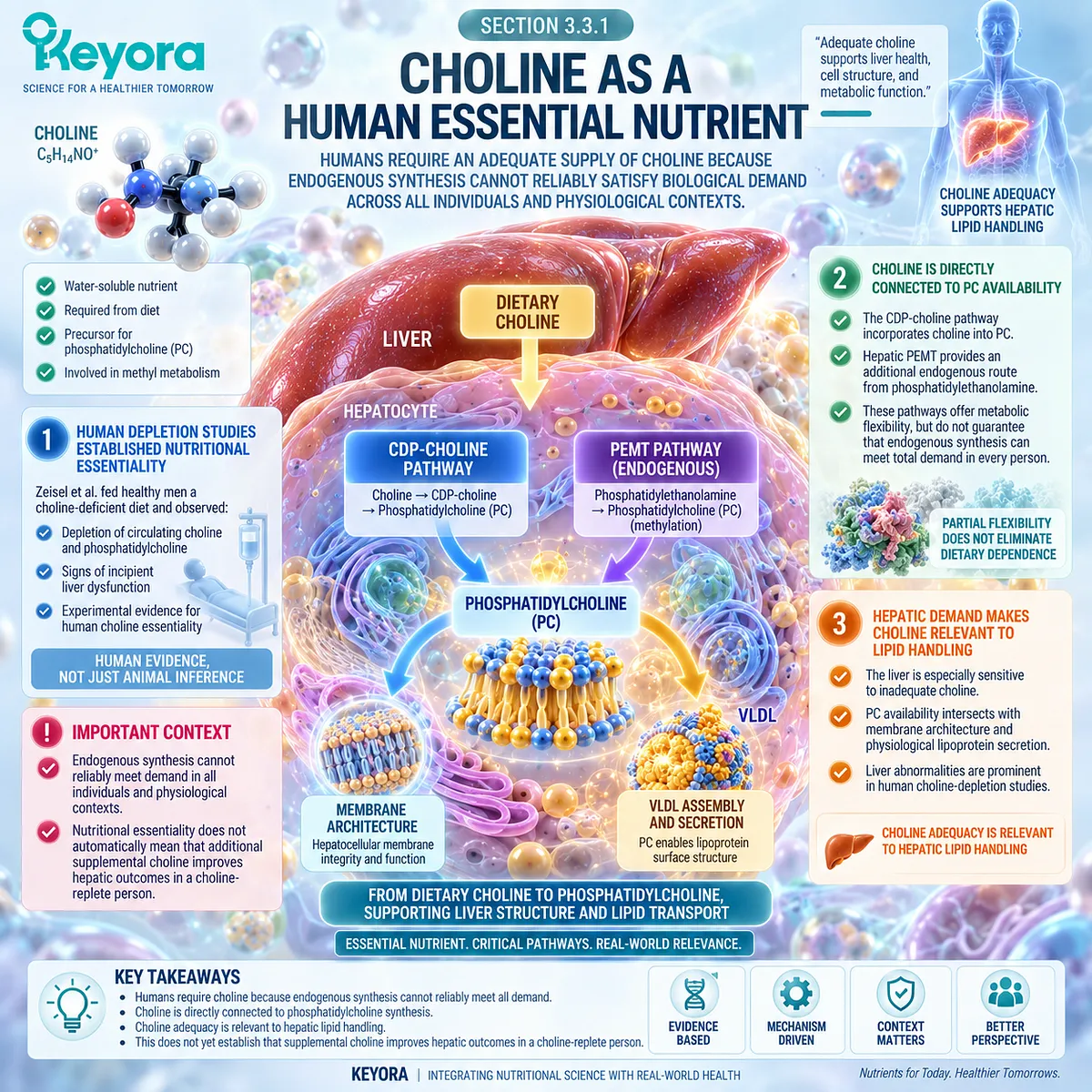 Choline supports CDP-choline phosphatidylcholine synthesis for hepatic membranes and lipid handling, establishing nutritional essentiality within Keyora’s Hepatic Lipid-VLDL Gate. Choline supports CDP-choline phosphatidylcholine synthesis for hepatic membranes and lipid handling, establishing nutritional essentiality within Keyora’s Hepatic Lipid-VLDL Gate.
