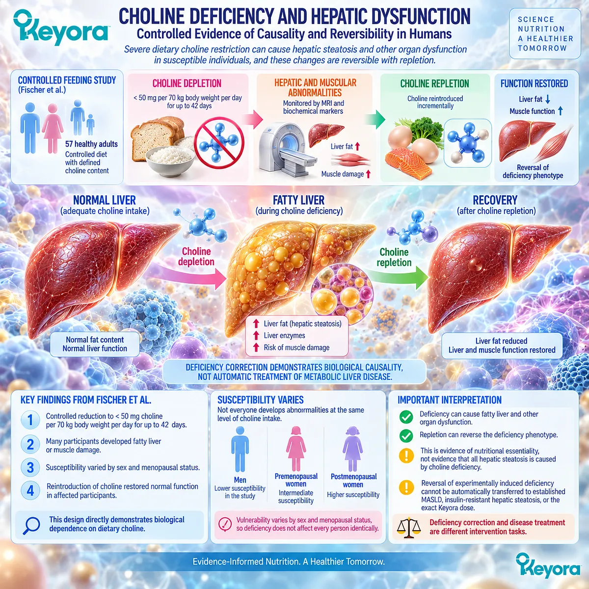 Severe choline deficiency can impair hepatic lipid handling and increase liver fat, while repletion reverses deficiency within Keyora’s Hepatic Lipid-VLDL Gate. Severe choline deficiency can impair hepatic lipid handling and increase liver fat, while repletion reverses deficiency within Keyora’s Hepatic Lipid-VLDL Gate.
