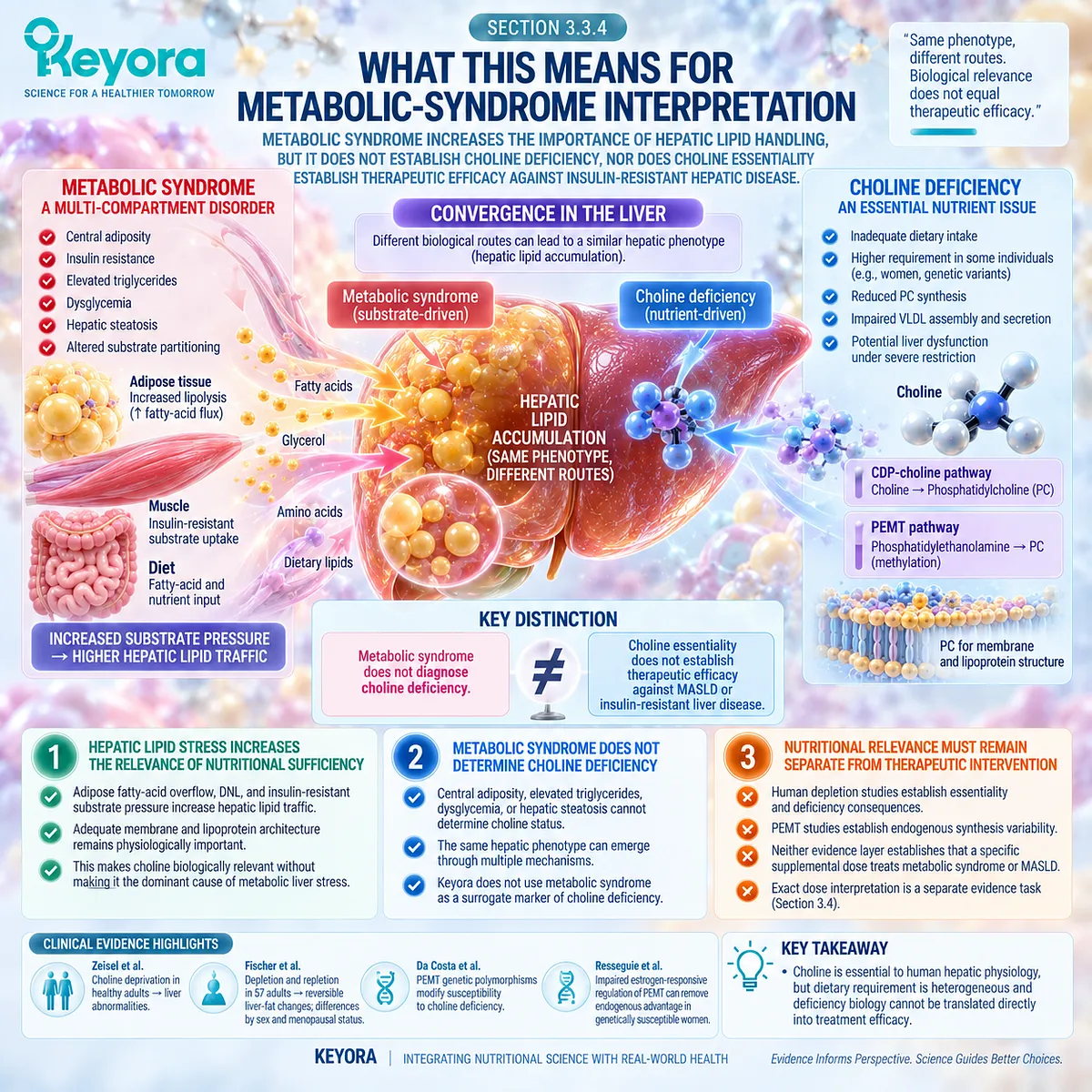 Choline adequacy supports hepatic lipid handling, but metabolic syndrome does not establish deficiency or therapeutic response, a boundary mapped by Keyora’s Hepatic Lipid-VLDL Gate. Choline adequacy supports hepatic lipid handling, but metabolic syndrome does not establish deficiency or therapeutic response, a boundary mapped by Keyora’s Hepatic Lipid-VLDL Gate.