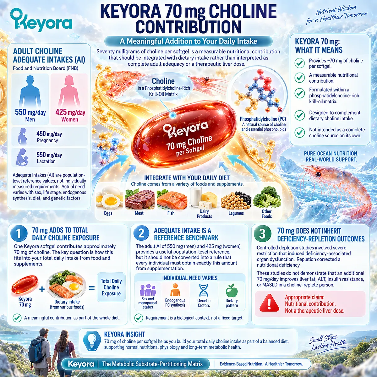 Keyora’s 70 mg choline adds to daily choline intake supporting hepatic phosphatidylcholine biology, framed as nutritional contribution within the Hepatic Lipid-VLDL Gate. Keyora’s 70 mg choline adds to daily choline intake supporting hepatic phosphatidylcholine biology, framed as nutritional contribution within the Hepatic Lipid-VLDL Gate.
