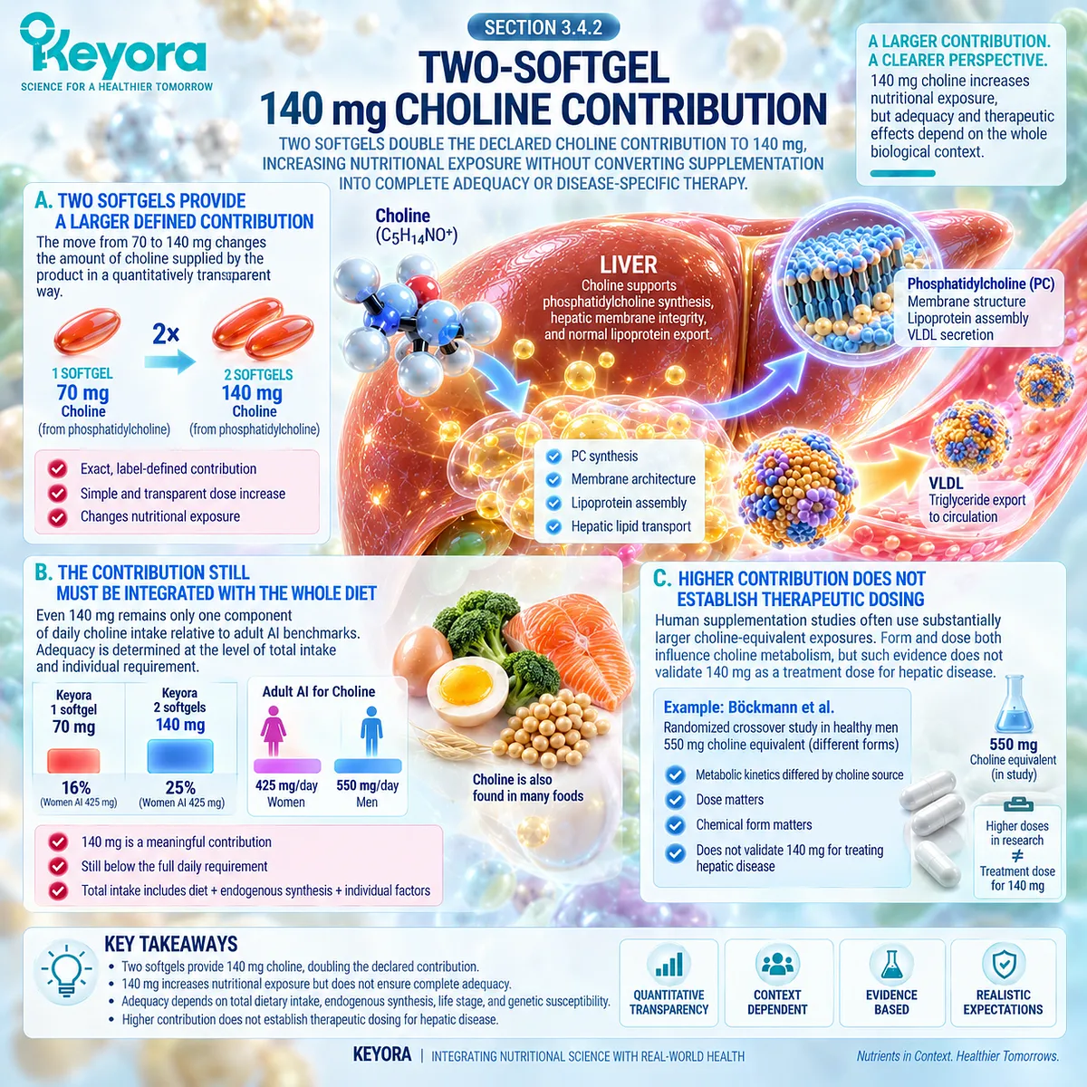 Keyora’s 140 mg choline increases daily nutritional exposure, while diet, PEMT synthesis, and choline form govern hepatic relevance within the Hepatic Lipid-VLDL Gate. Keyora’s 140 mg choline increases daily nutritional exposure, while diet, PEMT synthesis, and choline form govern hepatic relevance within the Hepatic Lipid-VLDL Gate.