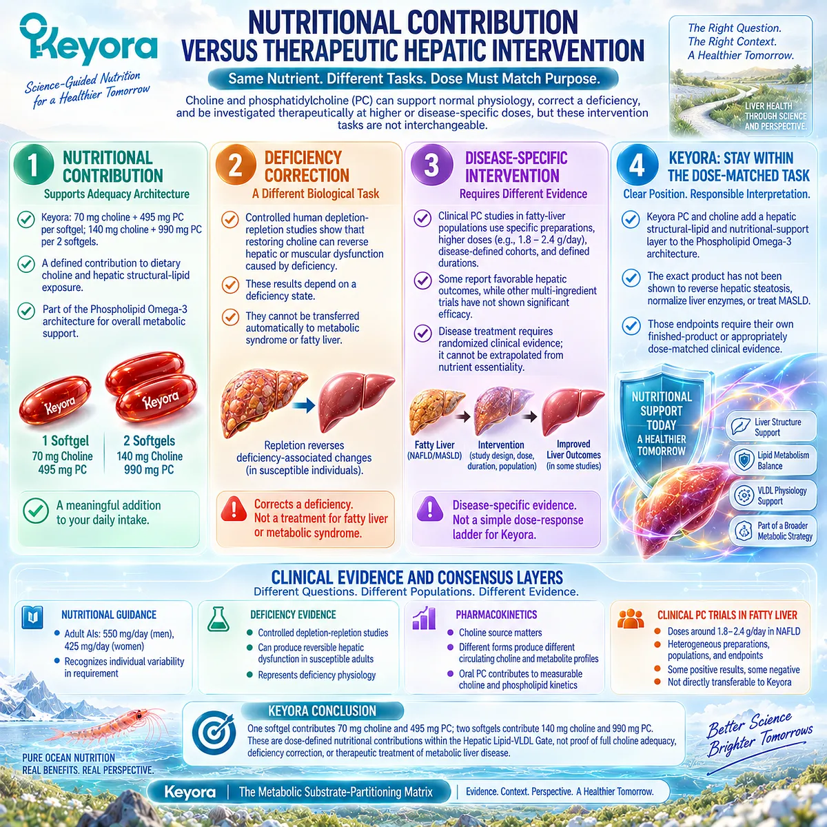 Keyora PC and choline support hepatic structural-lipid nutrition, while dose reconstruction separates adequacy, deficiency correction, and liver therapy within the Hepatic Lipid-VLDL Gate. Keyora PC and choline support hepatic structural-lipid nutrition, while dose reconstruction separates adequacy, deficiency correction, and liver therapy within the Hepatic Lipid-VLDL Gate.