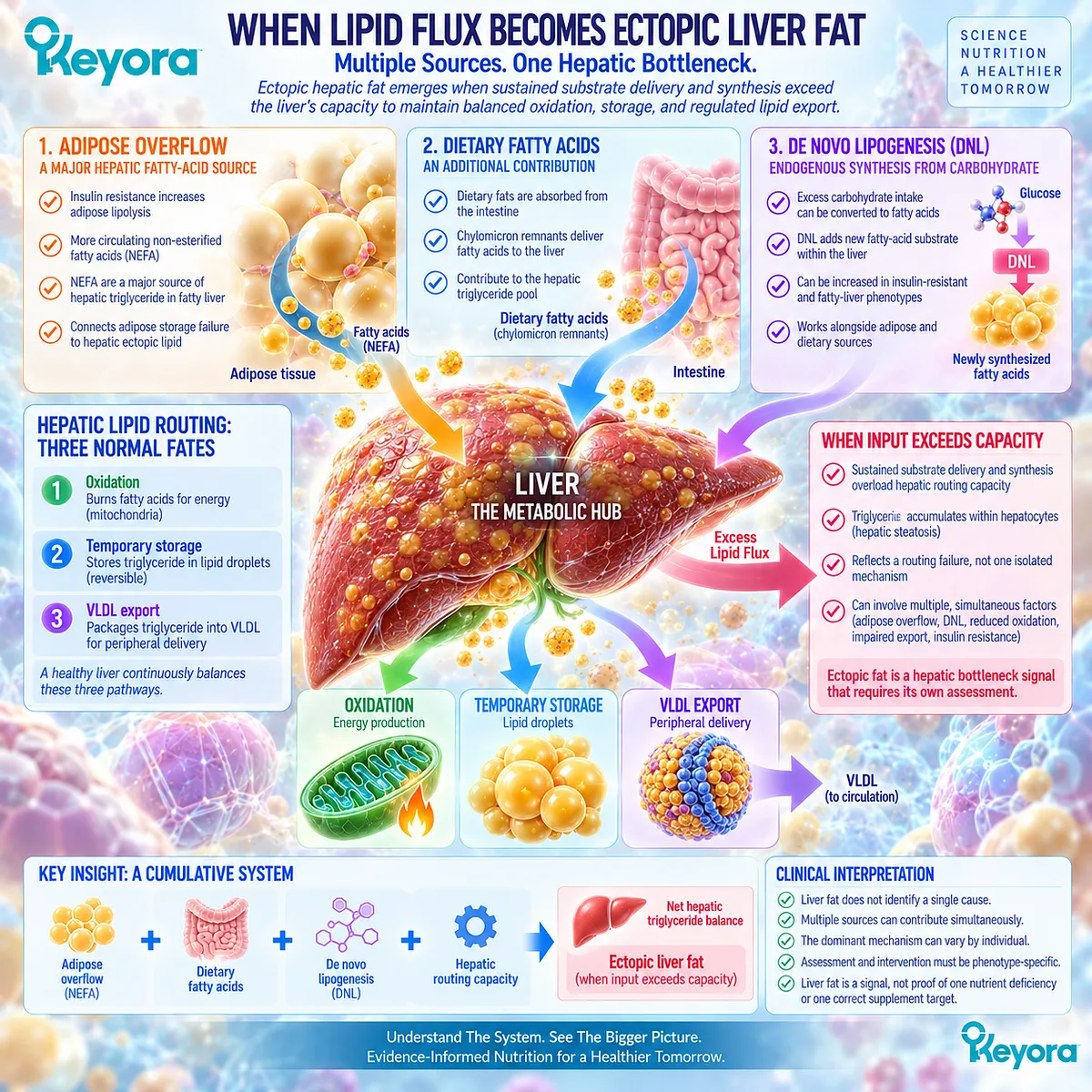 Adipose fatty-acid overflow and de novo lipogenesis can exceed hepatic routing capacity, promoting ectopic liver fat within Keyora’s Hepatic Lipid-VLDL Gate. Adipose fatty-acid overflow and de novo lipogenesis can exceed hepatic routing capacity, promoting ectopic liver fat within Keyora’s Hepatic Lipid-VLDL Gate.