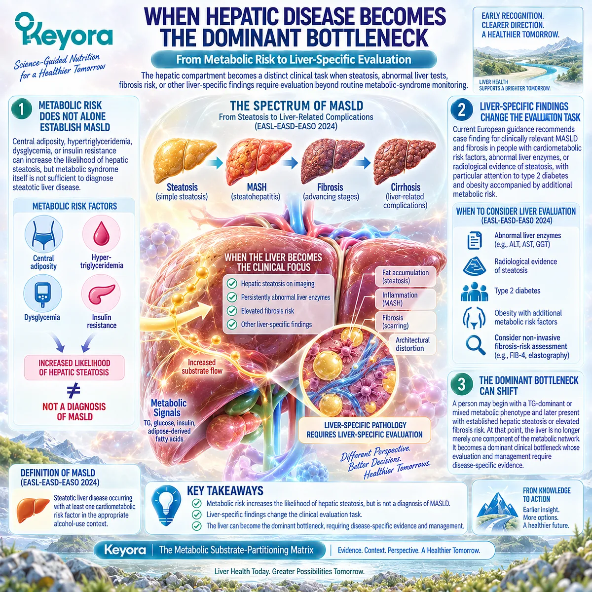 Steatosis, abnormal liver tests, or fibrosis risk can shift metabolic syndrome toward liver-specific MASLD assessment, marking Keyora’s Hepatic Bottleneck Gate. Steatosis, abnormal liver tests, or fibrosis risk can shift metabolic syndrome toward liver-specific MASLD assessment, marking Keyora’s Hepatic Bottleneck Gate.