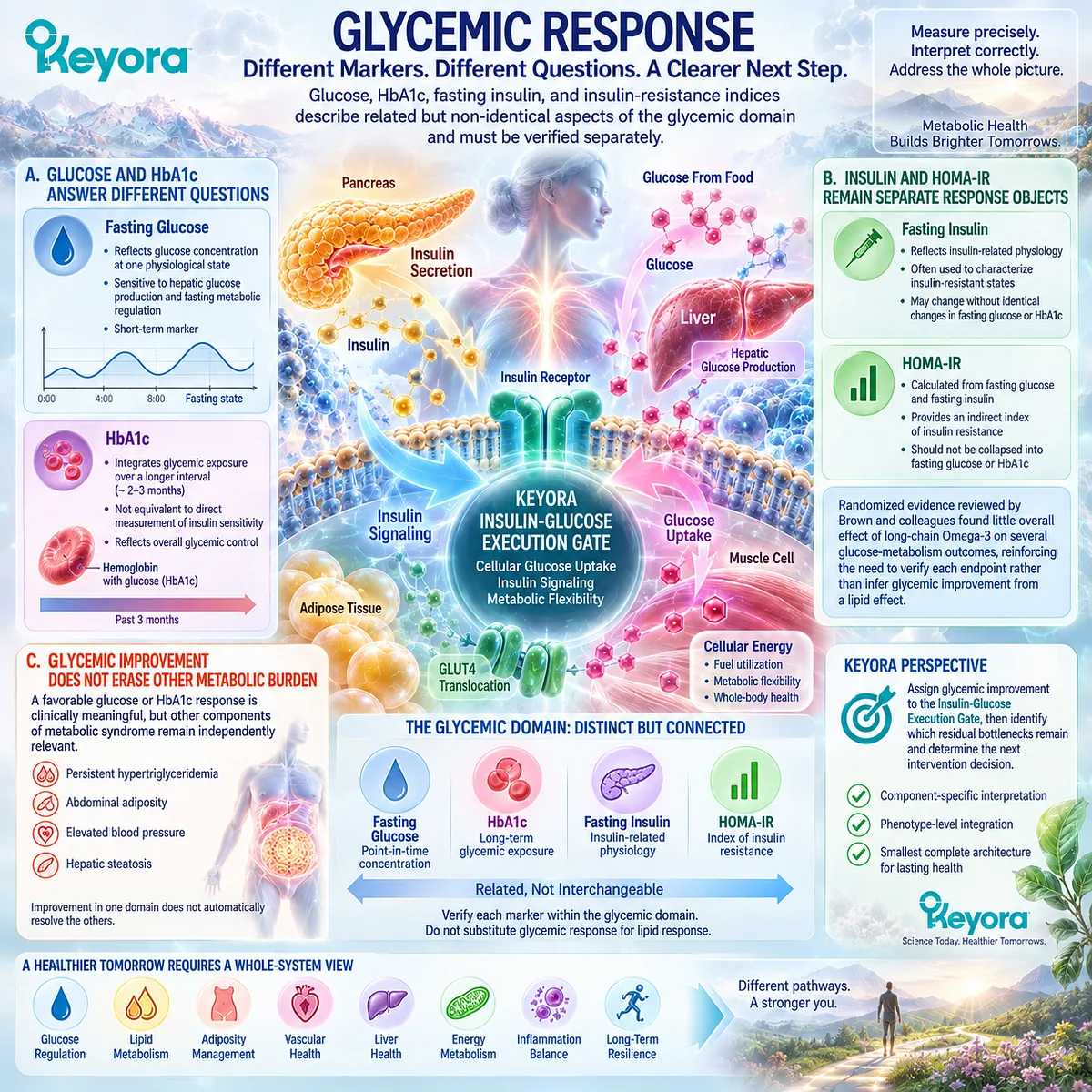 Glycemic response separates fasting glucose, HbA1c, insulin and HOMA-IR to verify insulin-glucose function within Keyora Insulin-Glucose Execution Gate. Glycemic response separates fasting glucose, HbA1c, insulin and HOMA-IR to verify insulin-glucose function within Keyora Insulin-Glucose Execution Gate.