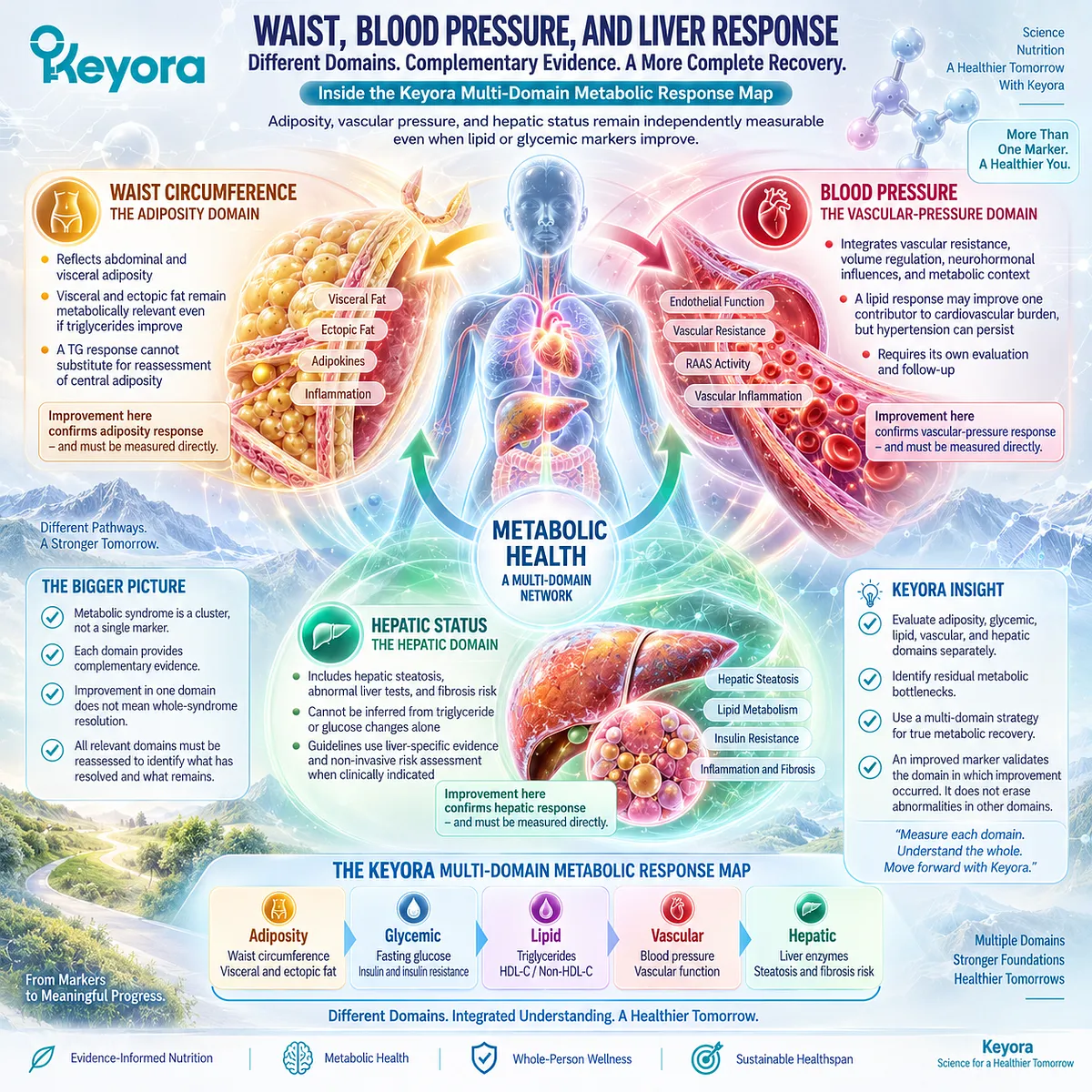 Waist, blood pressure and liver status reveal residual metabolic burden despite lipid gains, mapped by Keyora Multi-Domain Metabolic Response Map. Waist, blood pressure and liver status reveal residual metabolic burden despite lipid gains, mapped by Keyora Multi-Domain Metabolic Response Map.