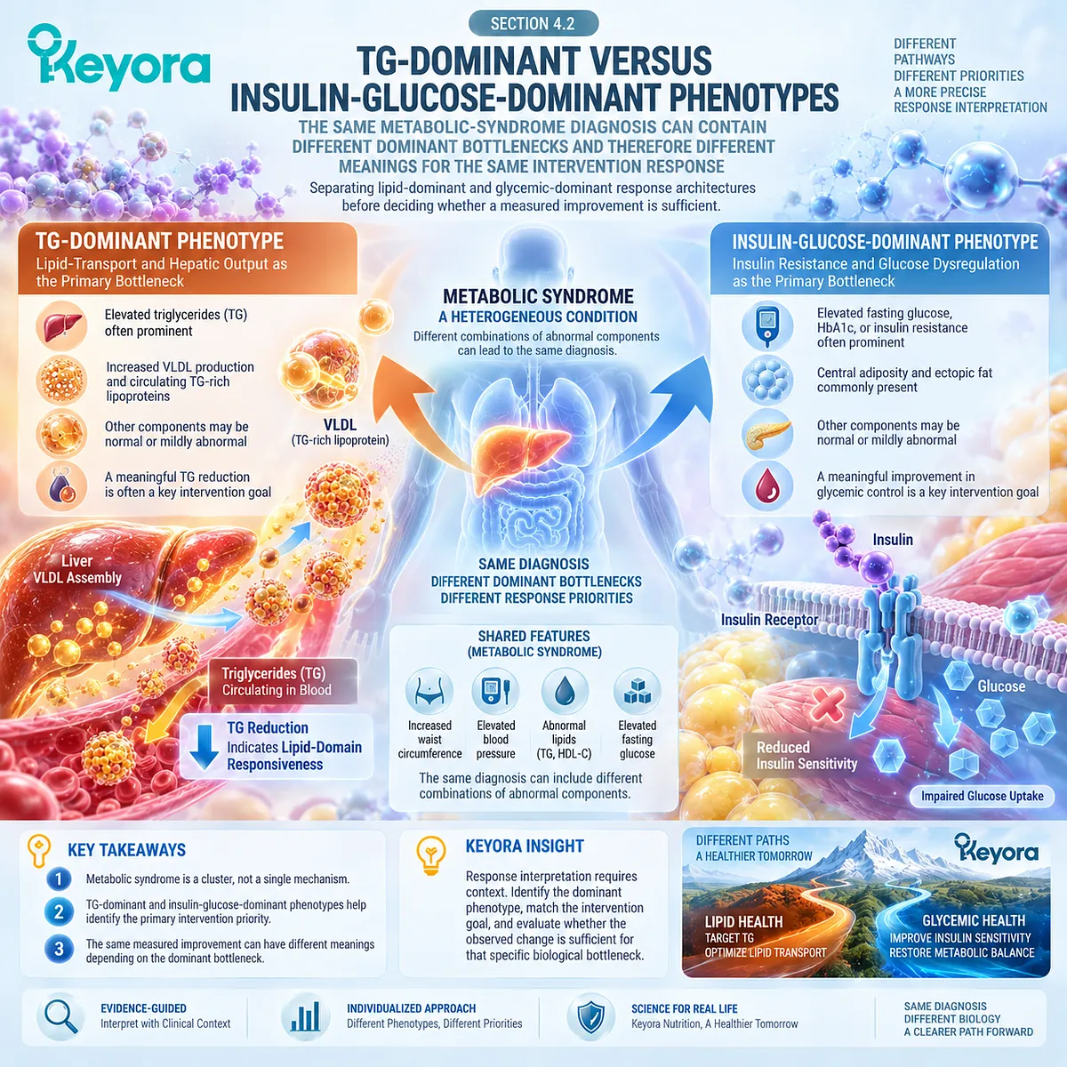 Metabolic syndrome phenotypes separate TG-dominant lipid burden from insulin-glucose dysfunction to prioritize response through Keyora Metabolic Bottleneck Separation Rule. Metabolic syndrome phenotypes separate TG-dominant lipid burden from insulin-glucose dysfunction to prioritize response through Keyora Metabolic Bottleneck Separation Rule.