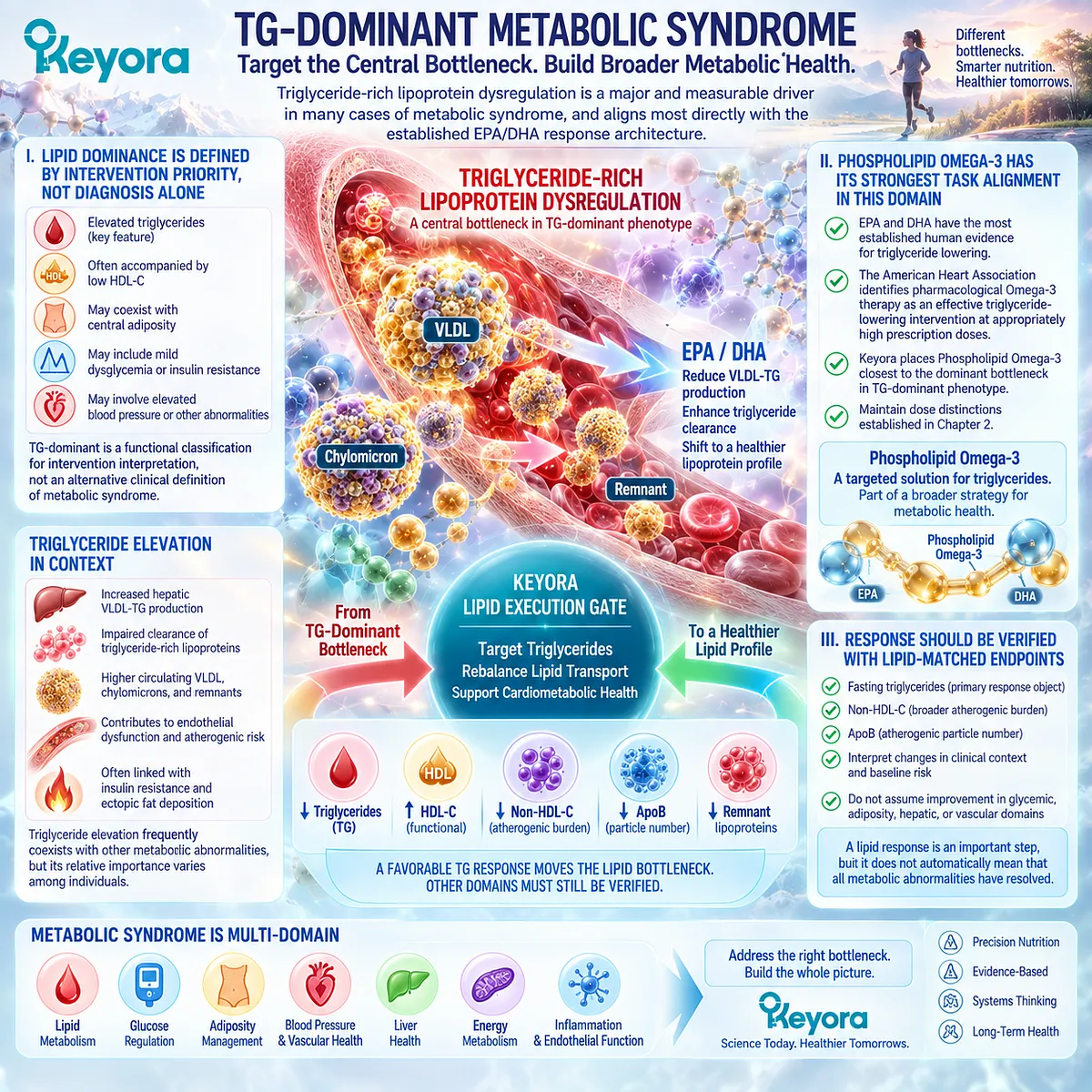 TG-dominant metabolic syndrome aligns triglyceride-rich lipoprotein burden with EPA-DHA response, positioning Keyora Phospholipid Omega-3 at the lipid bottleneck. TG-dominant metabolic syndrome aligns triglyceride-rich lipoprotein burden with EPA-DHA response, positioning Keyora Phospholipid Omega-3 at the lipid bottleneck.