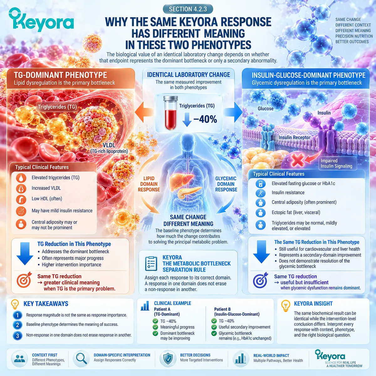 The same triglyceride reduction has different metabolic value by baseline phenotype, as Keyora Metabolic Bottleneck Separation Rule separates dominant from residual bottlenecks. The same triglyceride reduction has different metabolic value by baseline phenotype, as Keyora Metabolic Bottleneck Separation Rule separates dominant from residual bottlenecks.