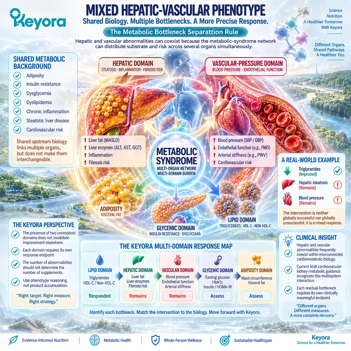 Metabolic syndrome can retain liver fat and high blood pressure after TG improves, mapped as separate residual bottlenecks by Keyora Multi-Domain Metabolic Response Map. Metabolic syndrome can retain liver fat and high blood pressure after TG improves, mapped as separate residual bottlenecks by Keyora Multi-Domain Metabolic Response Map.