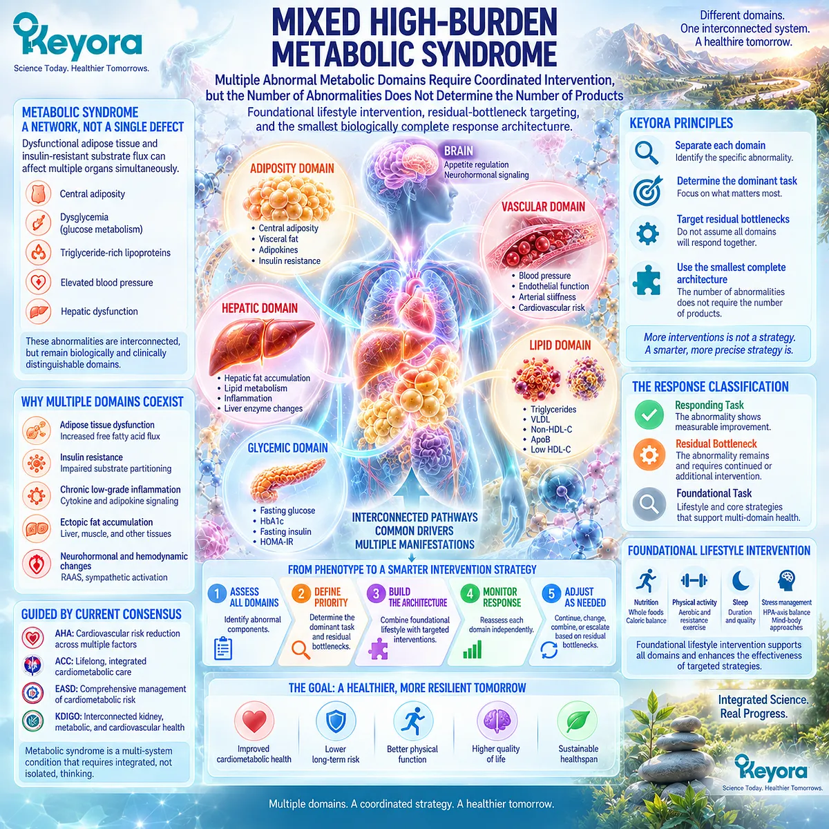 High-burden metabolic syndrome links adiposity, dysglycemia, high TG, blood pressure and liver dysfunction, organized by Keyora residual-bottleneck response architecture. High-burden metabolic syndrome links adiposity, dysglycemia, high TG, blood pressure and liver dysfunction, organized by Keyora residual-bottleneck response architecture.