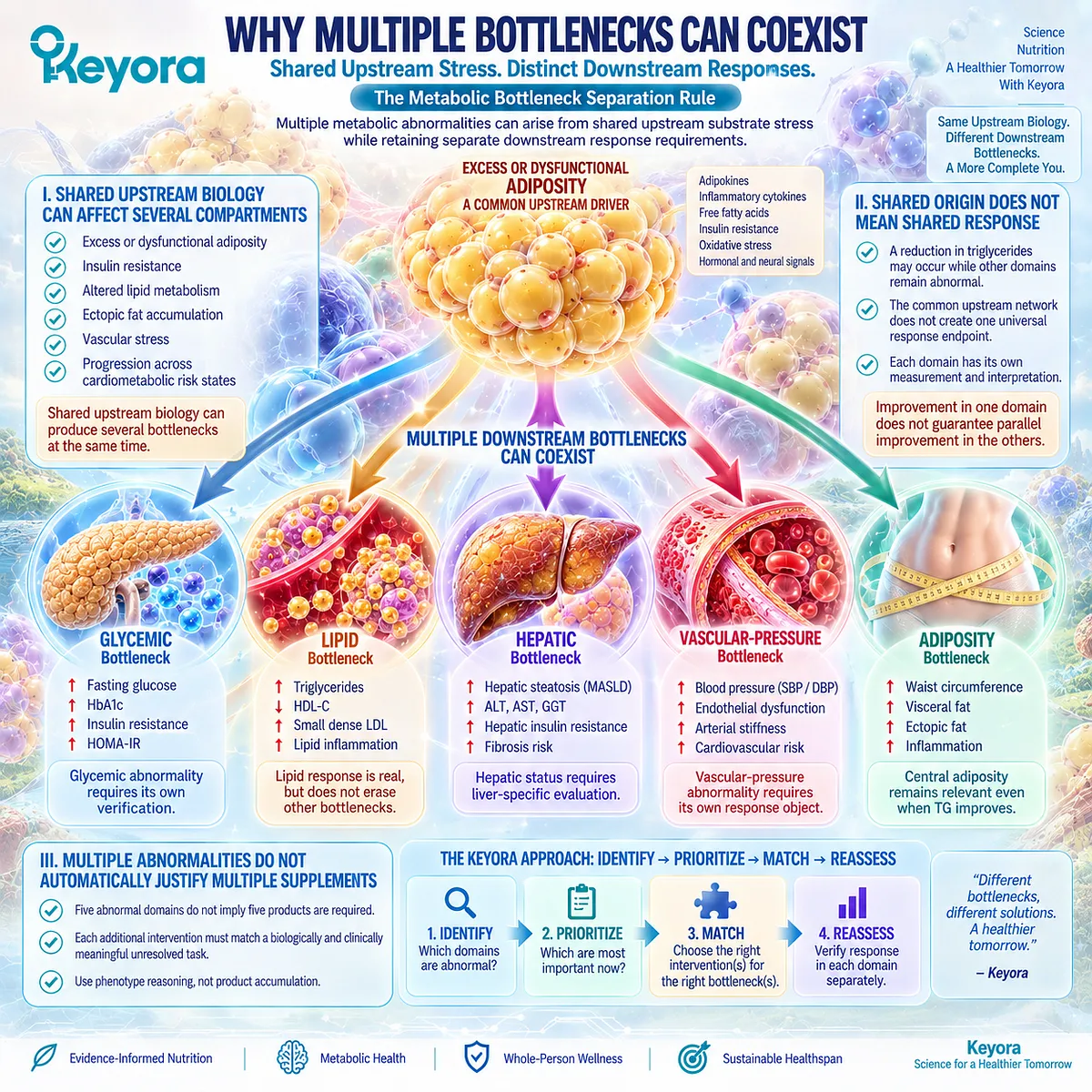 Shared adiposity and insulin-resistant substrate stress can drive high TG, dysglycemia, liver fat and vascular burden, mapped by Keyora residual-bottleneck logic. Shared adiposity and insulin-resistant substrate stress can drive high TG, dysglycemia, liver fat and vascular burden, mapped by Keyora residual-bottleneck logic.