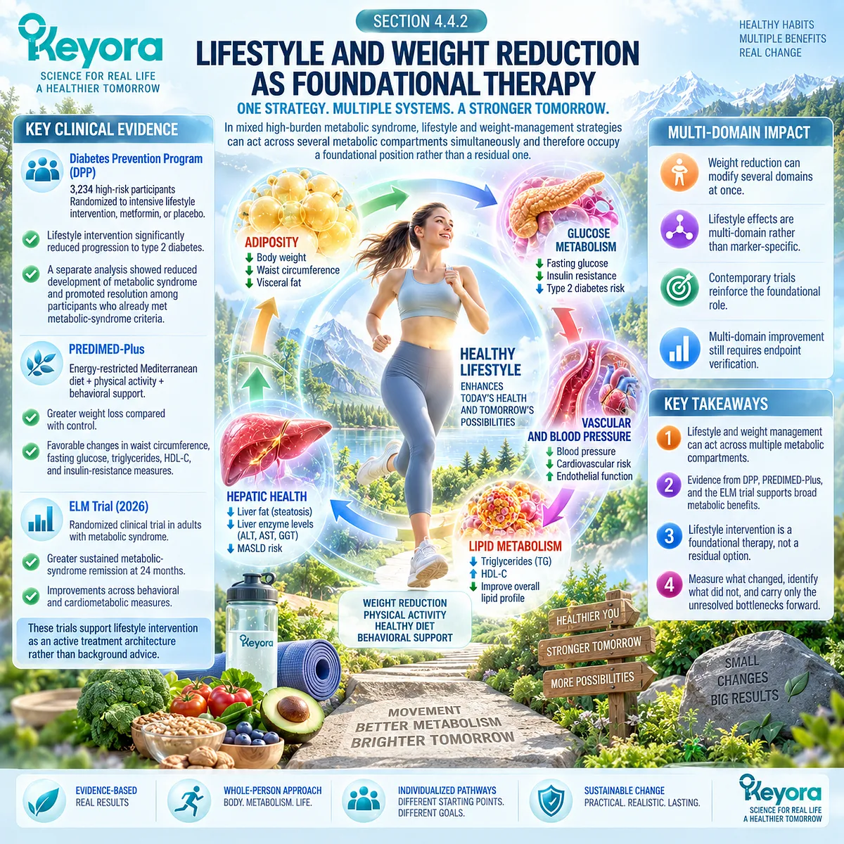 Weight loss, diet and physical activity can improve waist, glucose, triglycerides and blood pressure, forming Keyora’s foundational multi-domain metabolic response architecture. Weight loss, diet and physical activity can improve waist, glucose, triglycerides and blood pressure, forming Keyora’s foundational multi-domain metabolic response architecture.