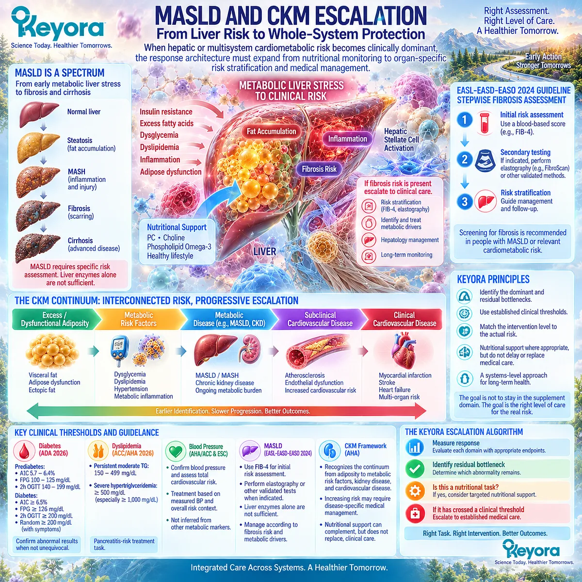 MASLD fibrosis risk and CKM progression require organ-specific risk stratification beyond supplement monitoring, defining Keyora’s nutrition-to-clinical escalation boundary. MASLD fibrosis risk and CKM progression require organ-specific risk stratification beyond supplement monitoring, defining Keyora’s nutrition-to-clinical escalation boundary.