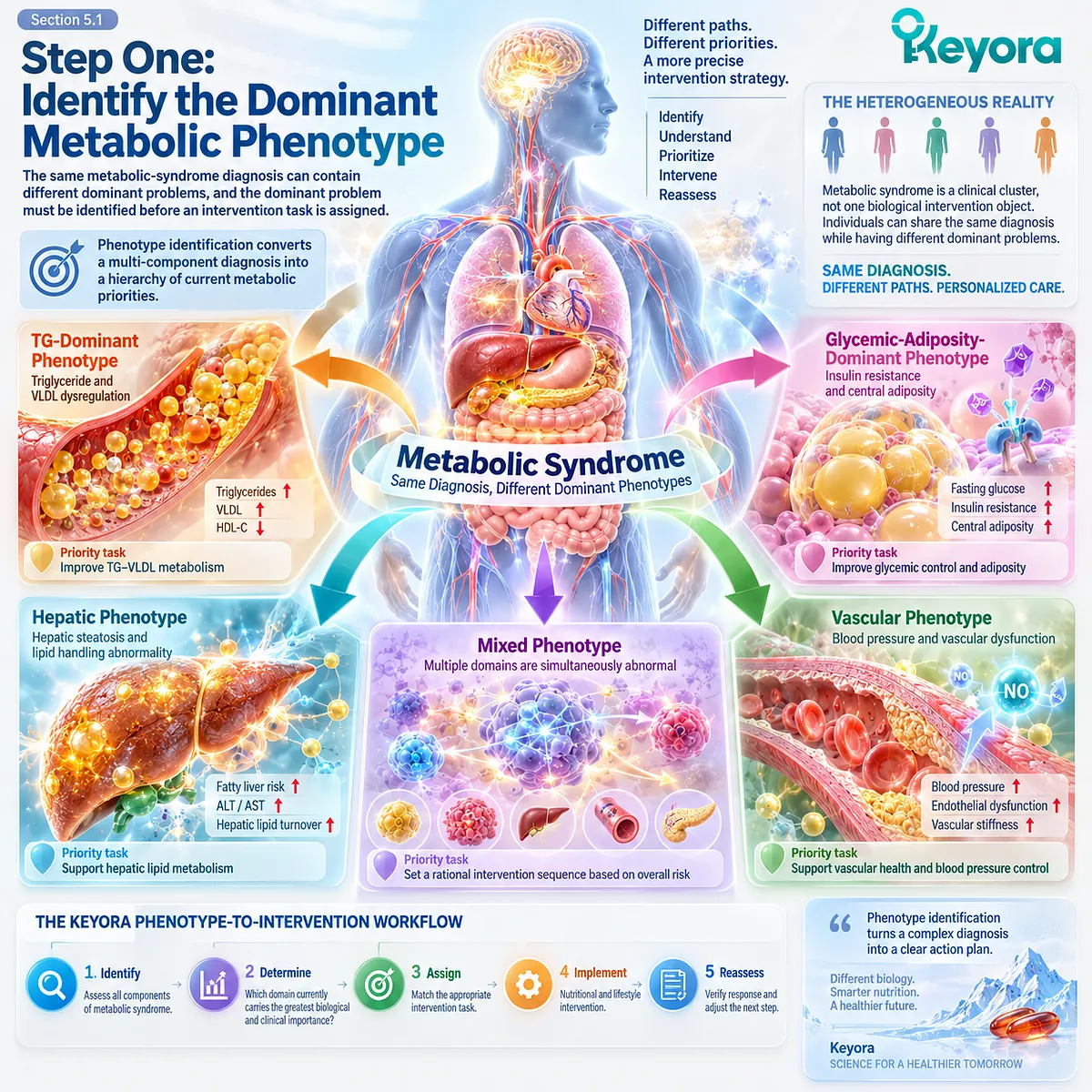 Metabolic syndrome phenotypes rank TG-VLDL, glycemic-adiposity, hepatic and vascular bottlenecks to guide priorities in the Keyora Metabolic Phenotype Map. Metabolic syndrome phenotypes rank TG-VLDL, glycemic-adiposity, hepatic and vascular bottlenecks to guide priorities in the Keyora Metabolic Phenotype Map.